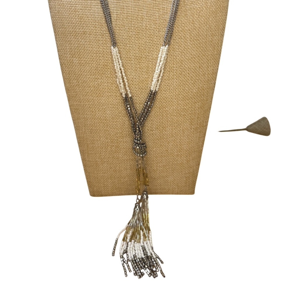 Boho Beaded Metallic Tassel Lariat Long Necklace LOFT